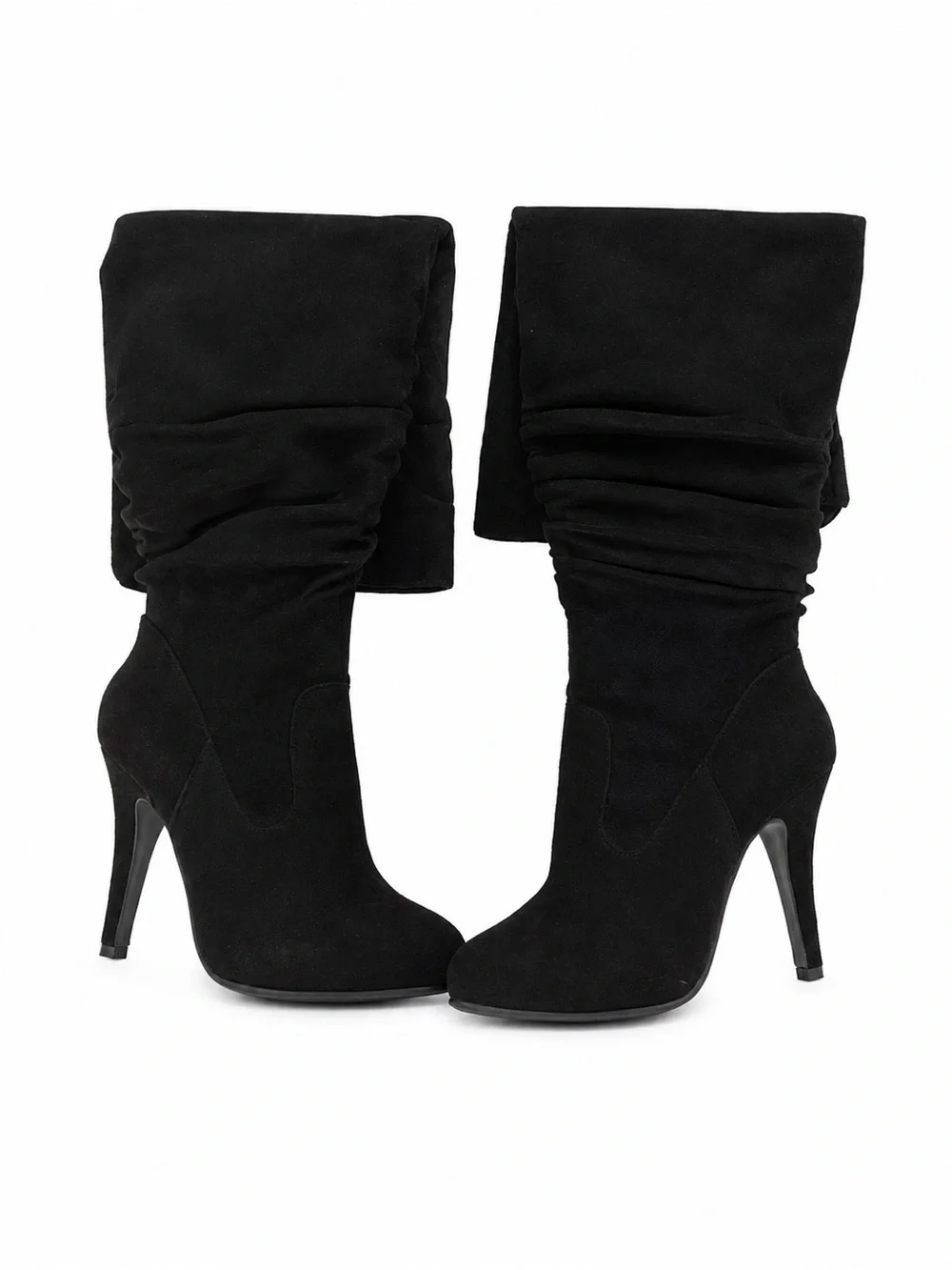 Black Over-the-Knee Stiletto Boots with Ruched Shaft